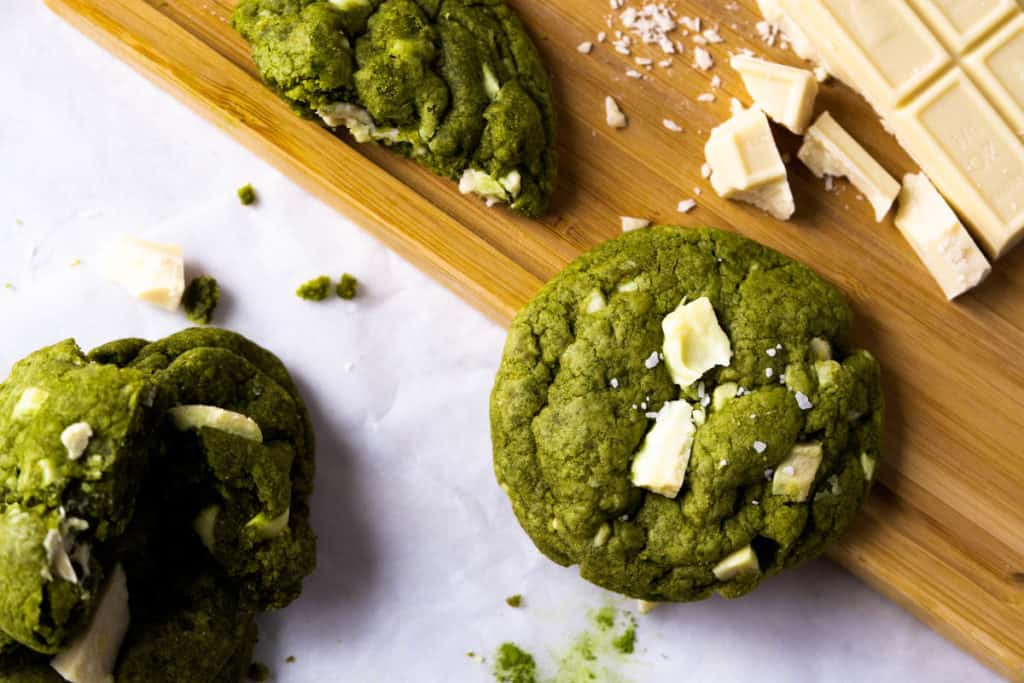 Chewy matcha cookies with chopped white chocolate.