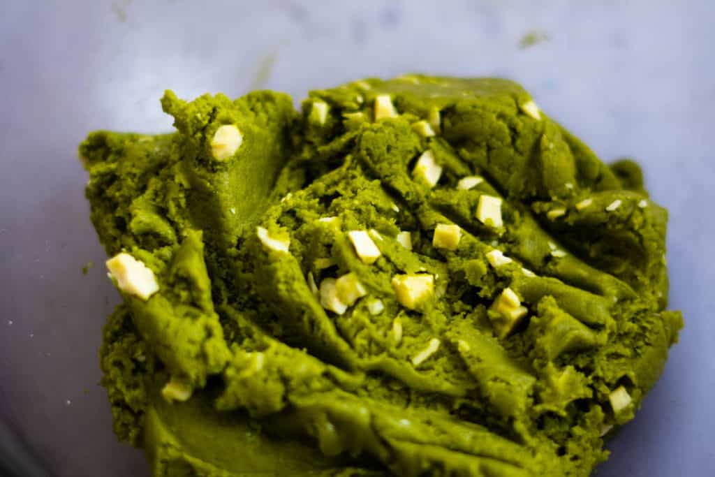 Closeup of matcha cookie batter.