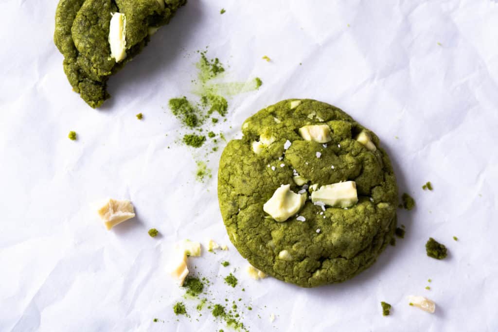 Close up top view of a matcha cookie.
