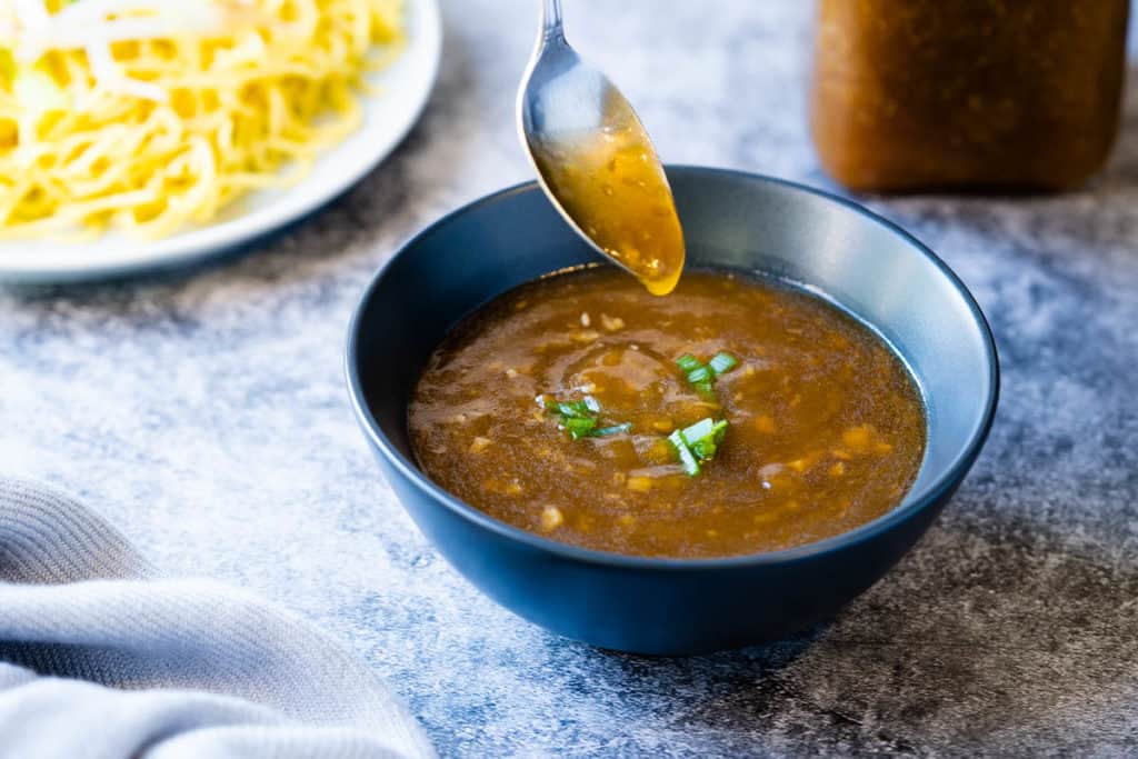 Chinese brown sauce coats a spoon nicely.