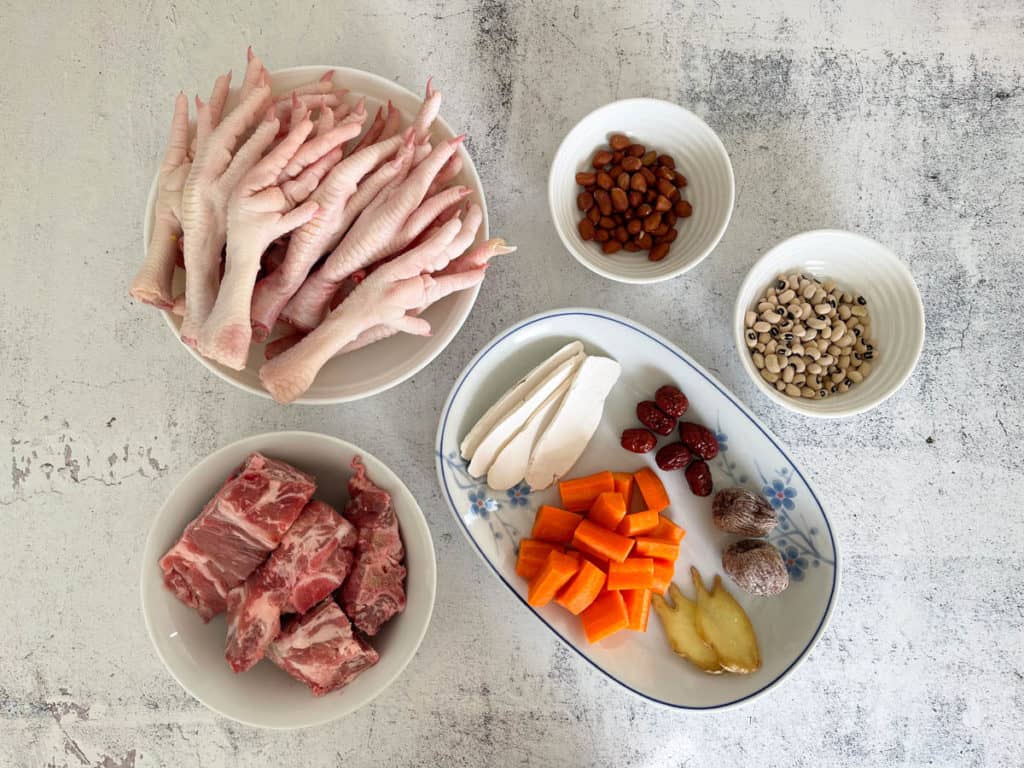 Chicken feet soup with traditional Chinese ingredients.