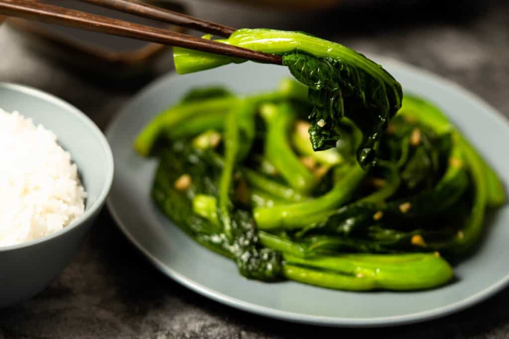 Close up of a yu choy stem.