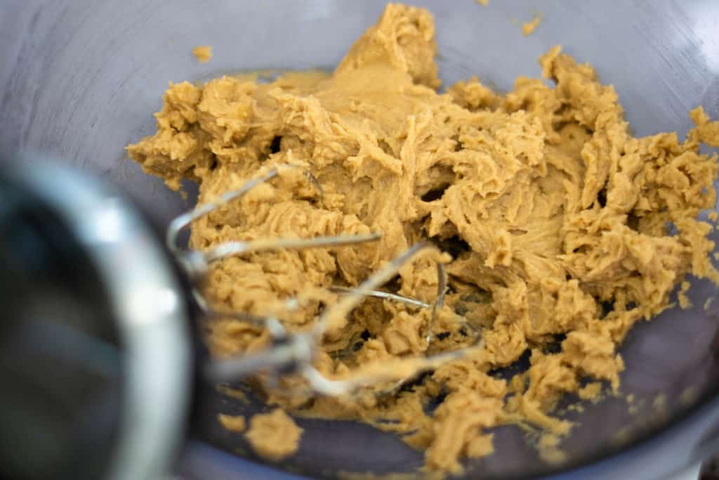 Close up of a well aerated creamed butter, sugar and egg batter.