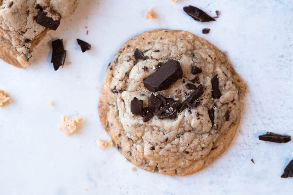 Close up of a chocolate chip cookie.