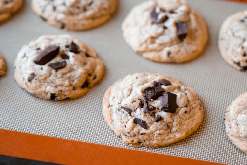 Soft and thick chocolate chip cookies without baking soda or powder.