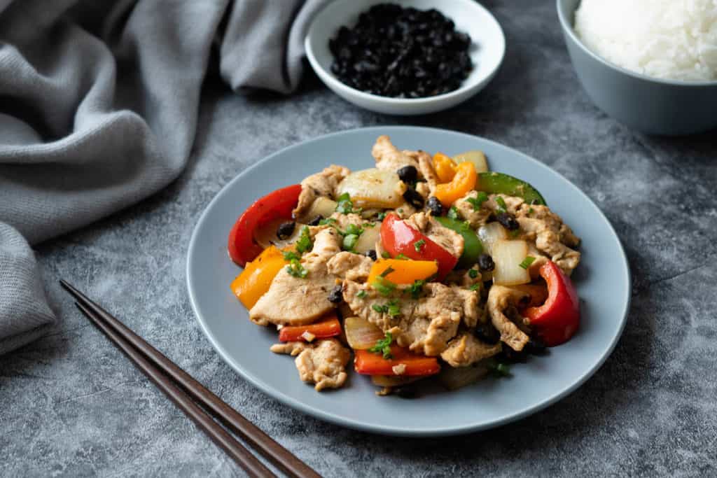 Black bean chicken stir fry on a plate.