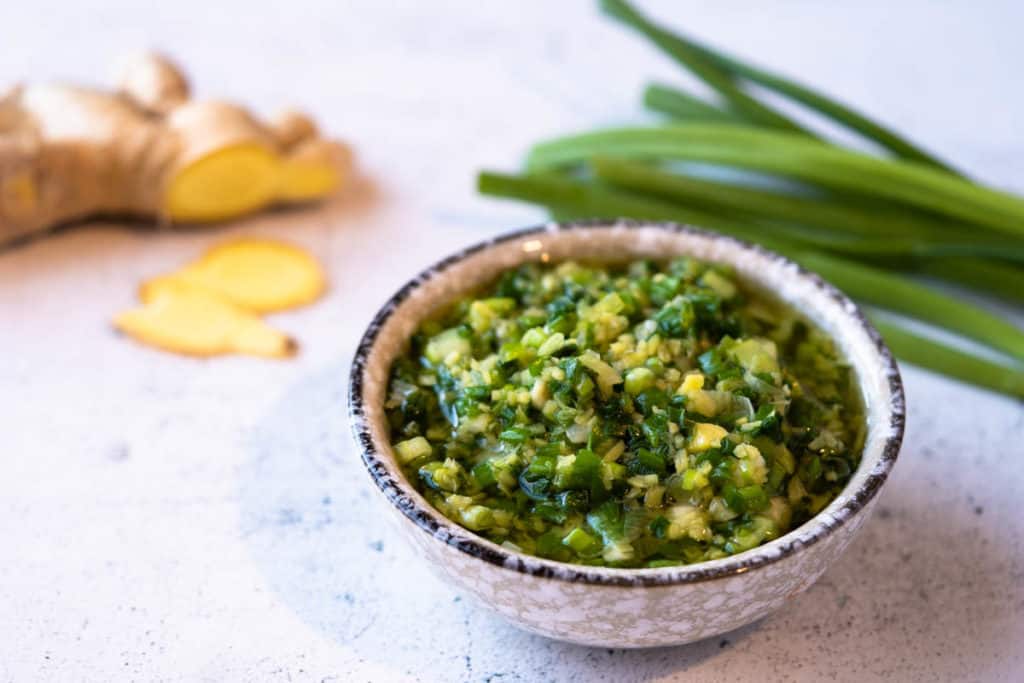 Bowl of ginger scallion sauce.