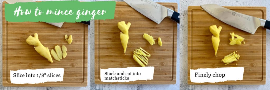 Step by step visual instructions of mincing ginger.