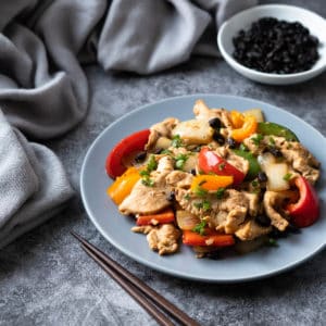 Plate of black bean chicken stir fry.