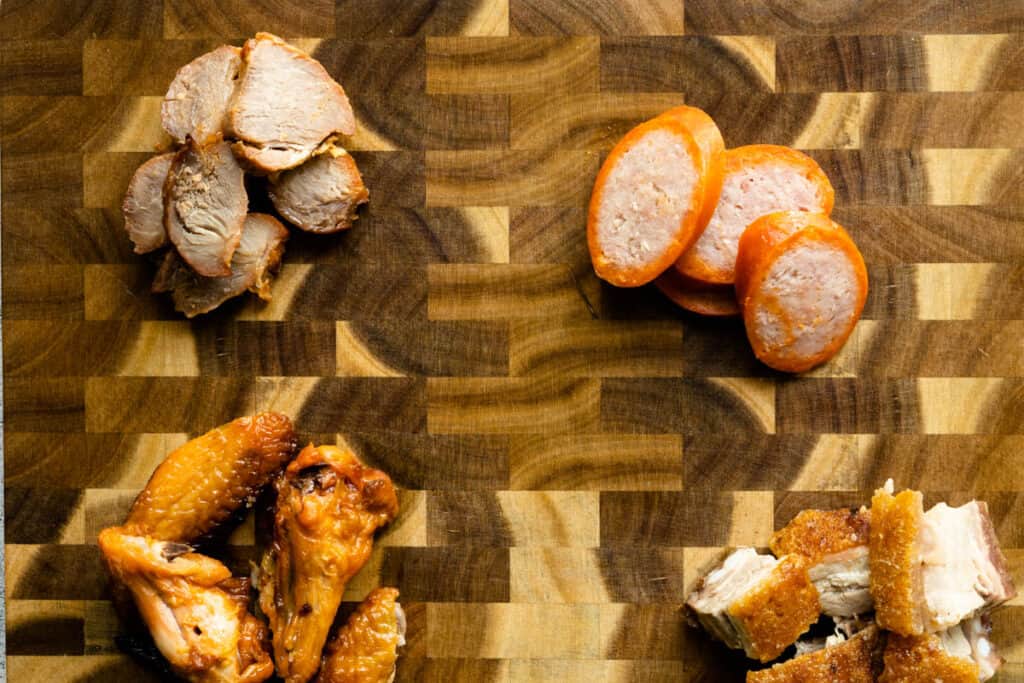 Layout of Asian meats equally spaced on your board.