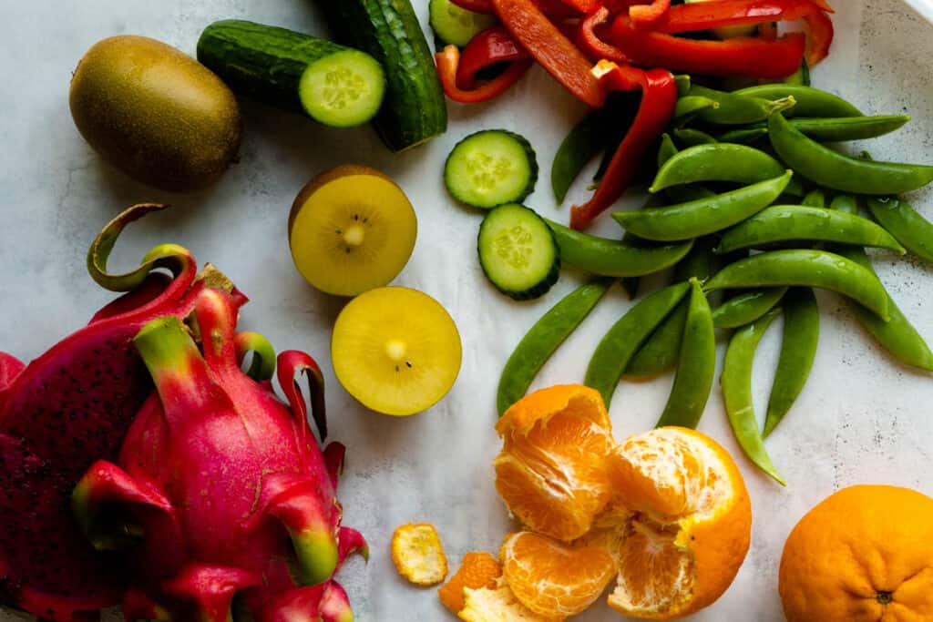 Overhead view of Asian fruits and vegetables.