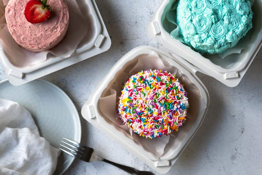 Three lunch box cakes overhead shot.
