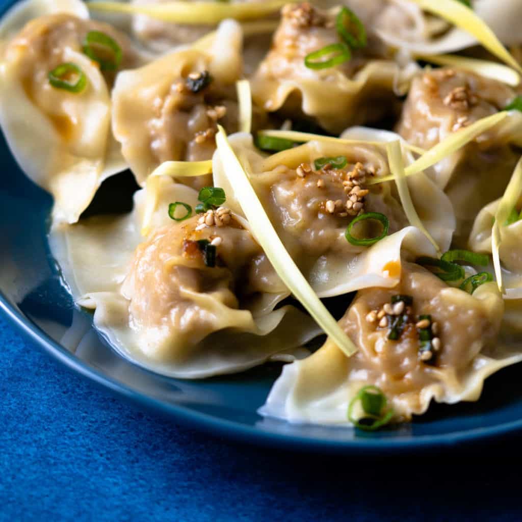 Plate of wontons closeup