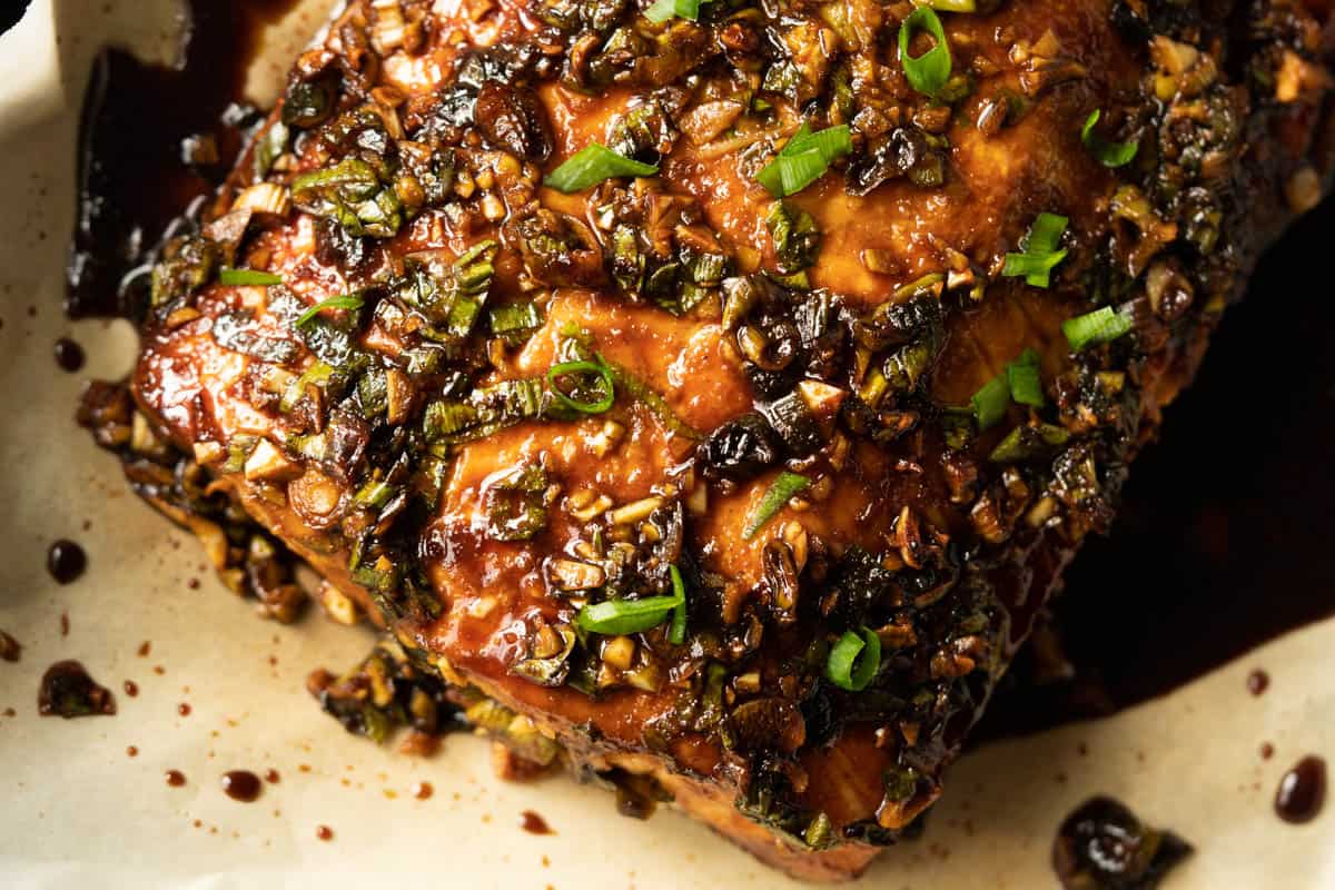 Maple soy salmon fillet close up.