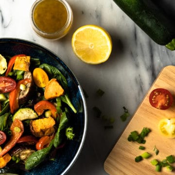 Roasted vegetable salad in a bowl.