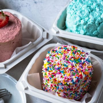 Three lunchbox cakes in their boxes.