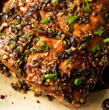 Maple soy salmon fillet close up.