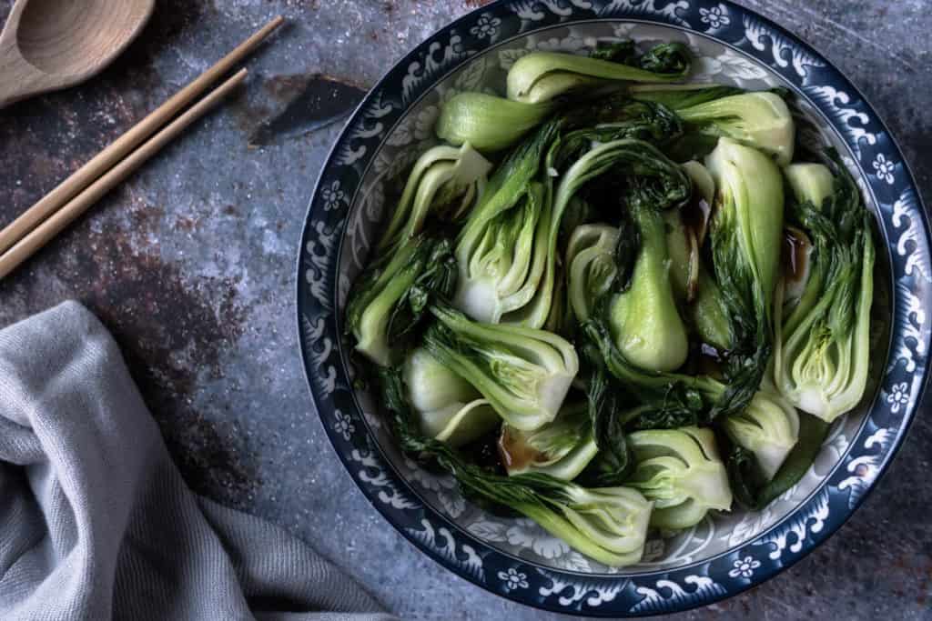 Shanghai bok choy in a serving plate.