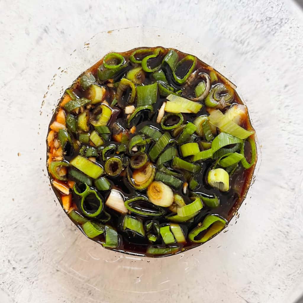 Soy maple marinade combined in a bowl.