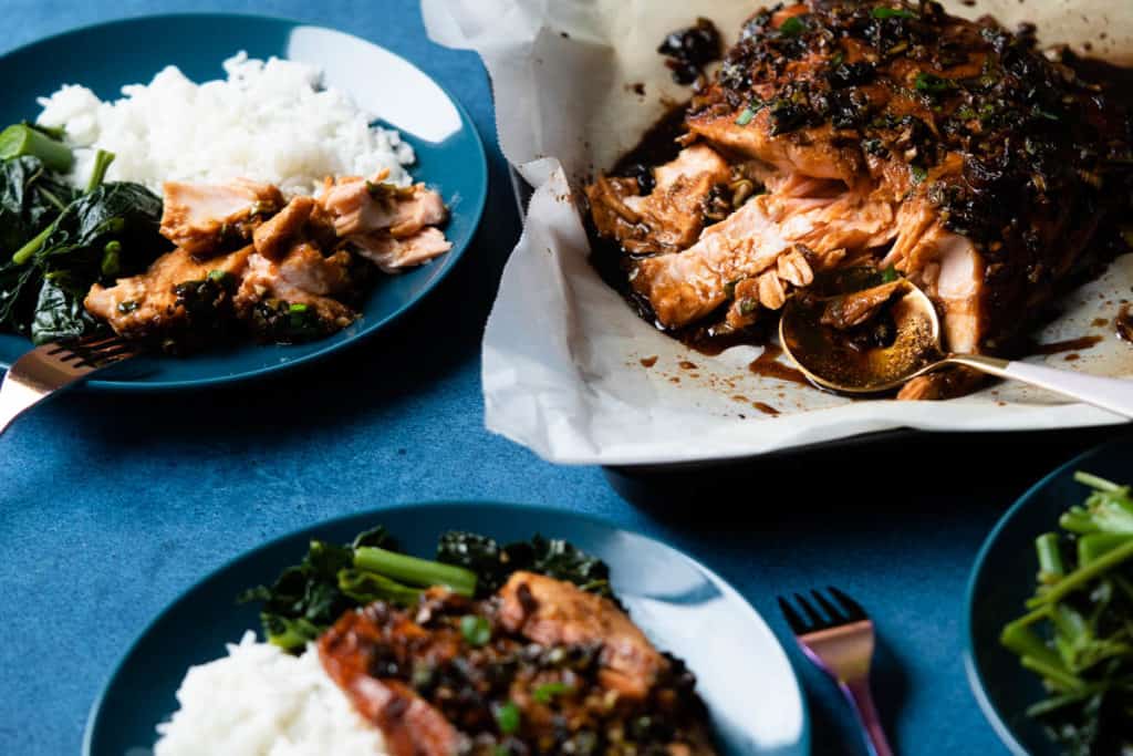Soy maple salmon baked and served family style.
