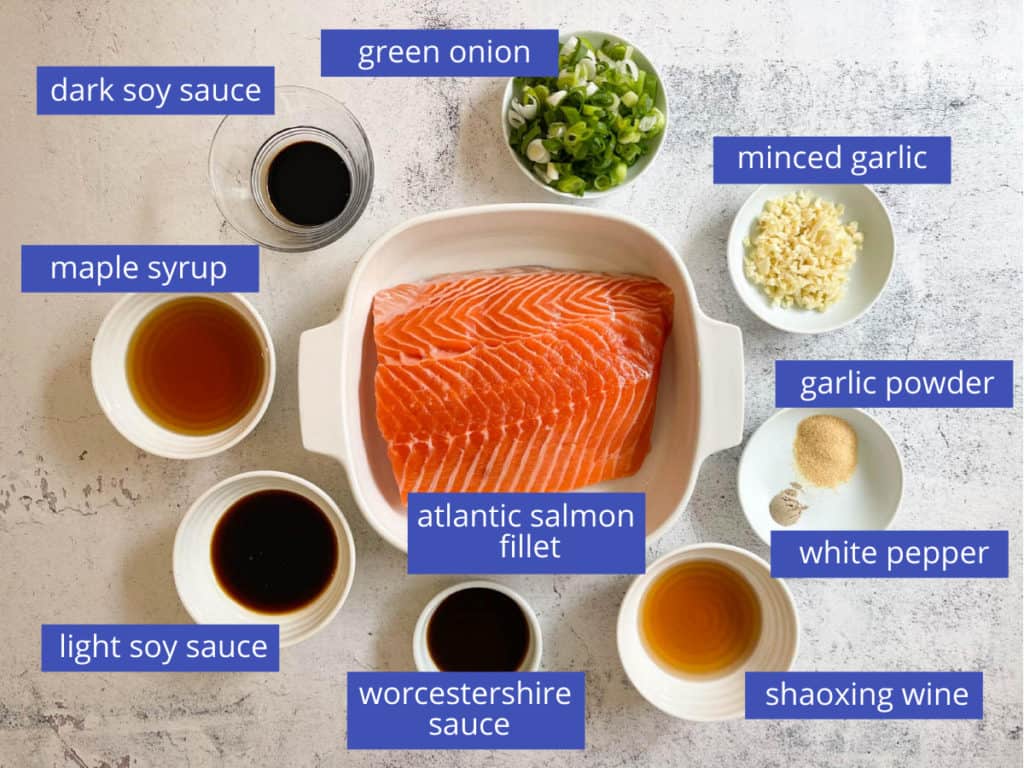 Soy maple salmon ingredients laid out on a table.