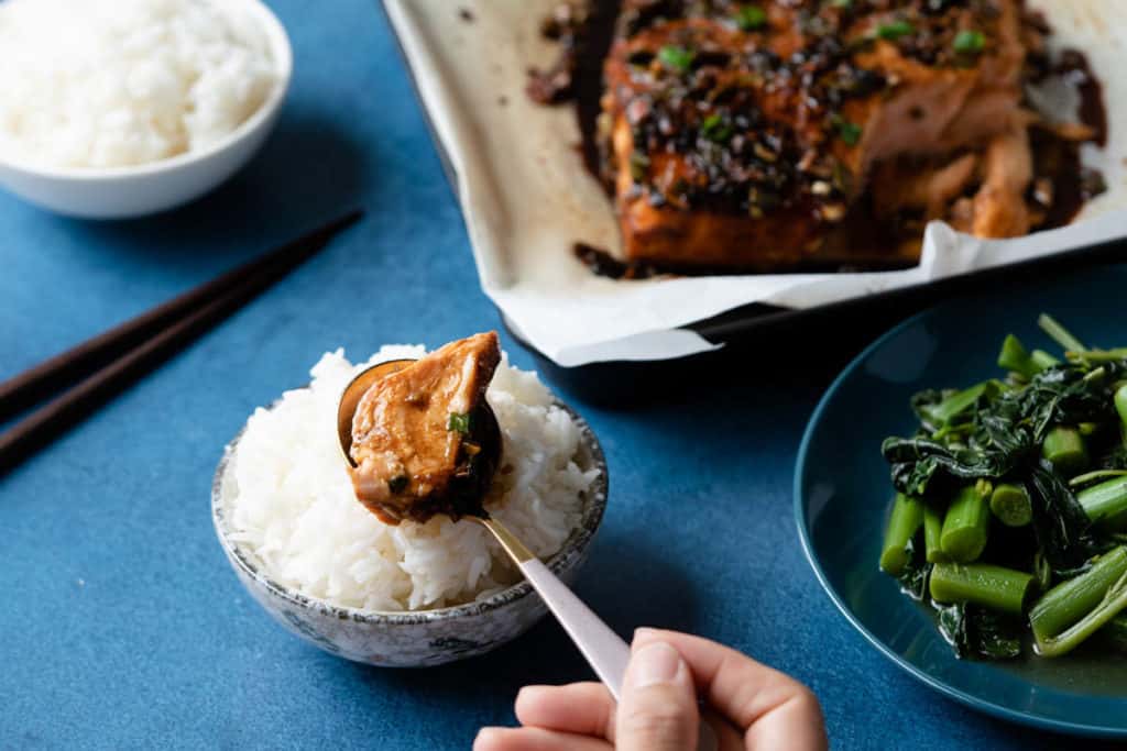 A piece of salmon paired with a bowl of rice.