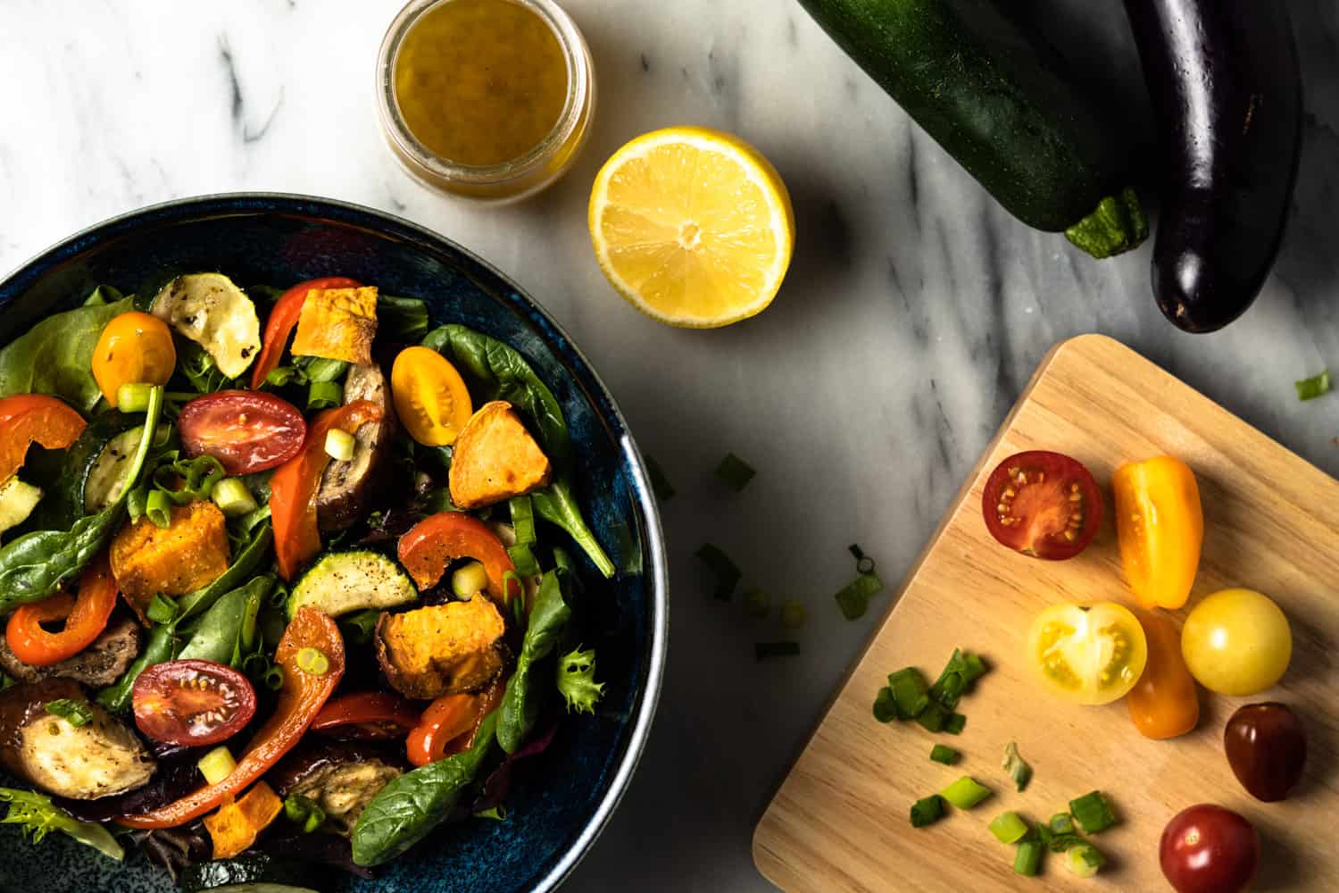 Roasted vegetable salad in a bowl.