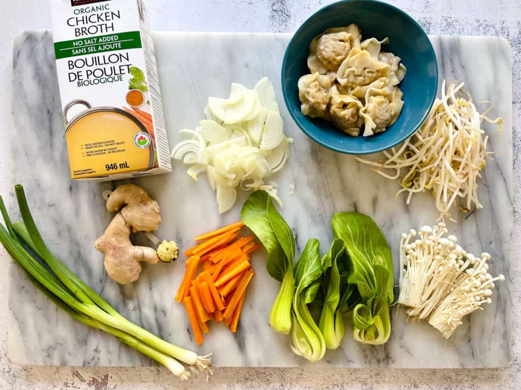 Vegetable wonton soup ingredients.