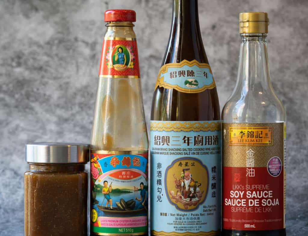 Chinese brown sauce key ingredients.  Sample Chinese bottles.