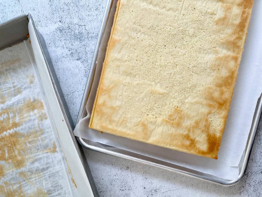 Cake cooling upside down.