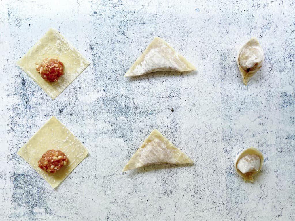 Wonton wrapping stages.