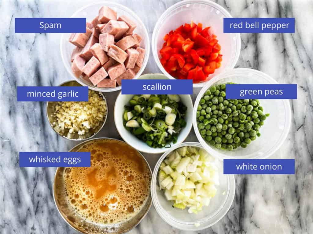Spam fried rice ingredients laid out.