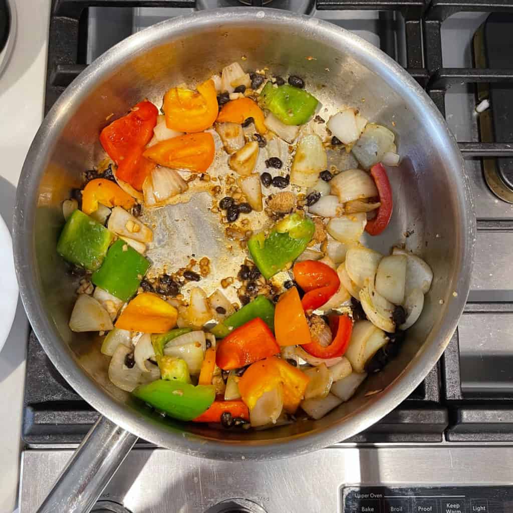 Deglazed pan with Shaoxing wine, peppers and onions.