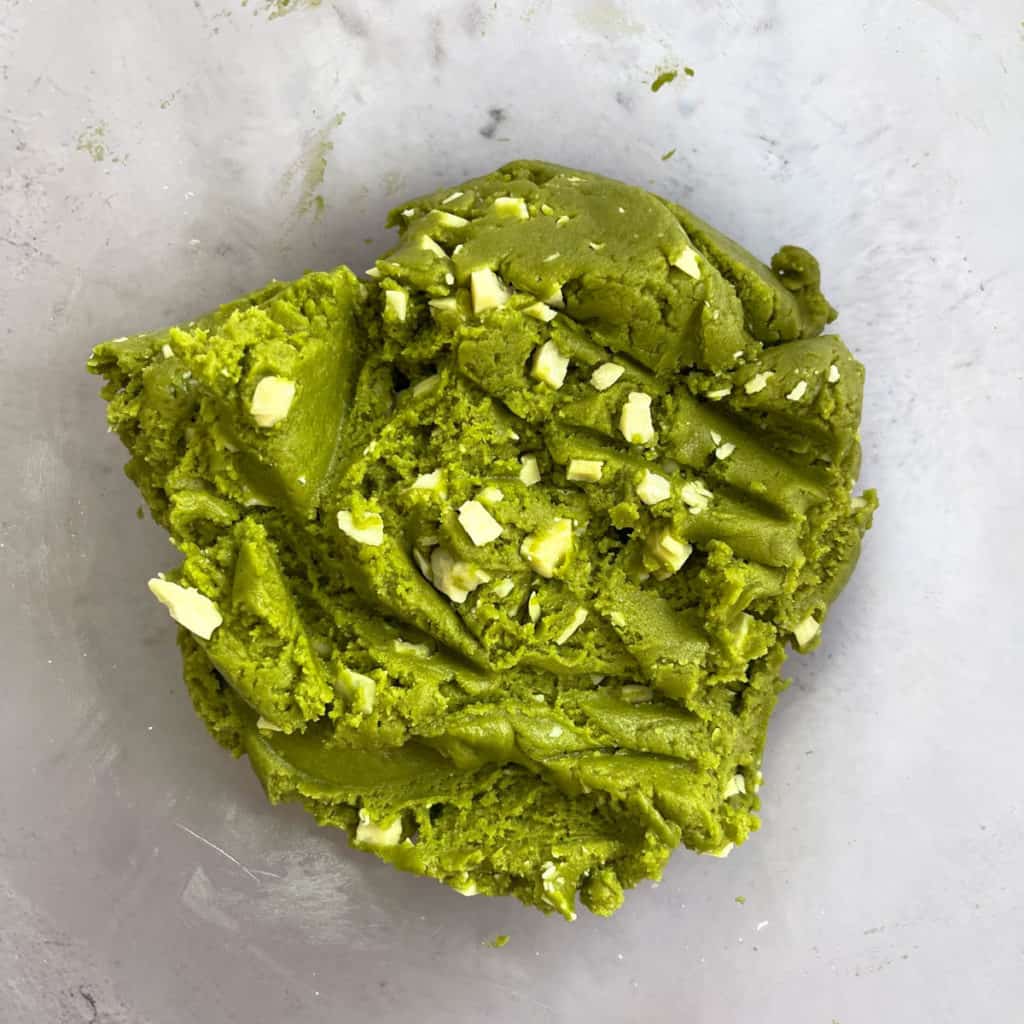Mixed matcha cookie dough chilled.