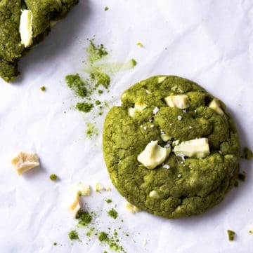 Close up of a chewy matcha cookie.