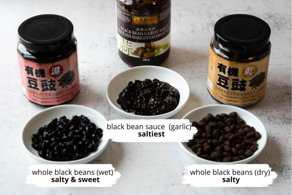 Three kinds of black beans are shown - wet, sauce and dry versions.