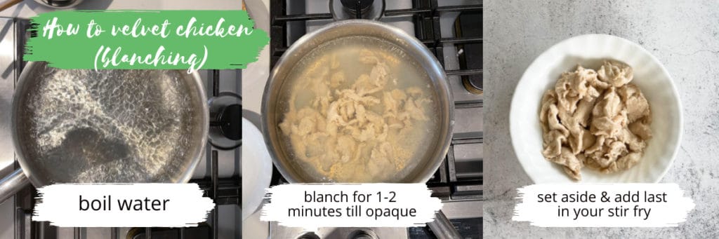 Step by step photos of blanching chicken breast.