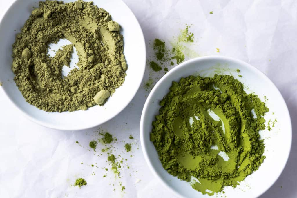 Fresh and stale matcha powder side by side.