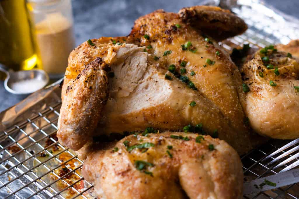 Roast chicken with chicken breast sliced.
