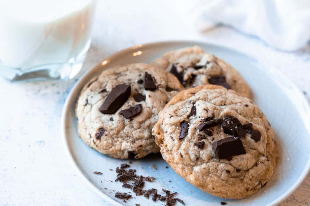 Plate of chocolate chip cookies with a glass of milk.