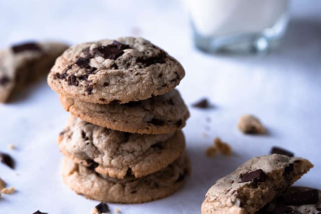 Stack of chocolate chip cookies without baking soda or powder.