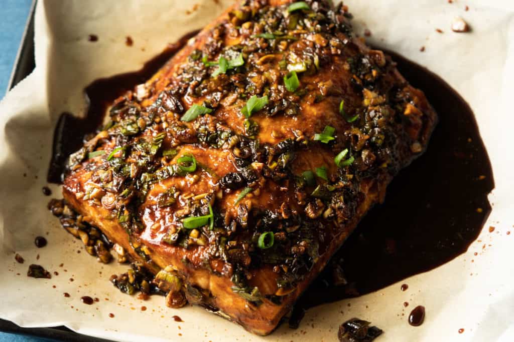 Whole fillet of salmon baked with a soy maple glaze.