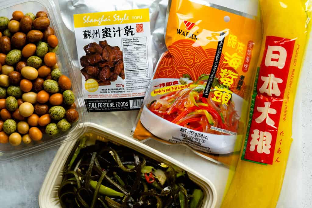 A sample of packaged Asian snacks.